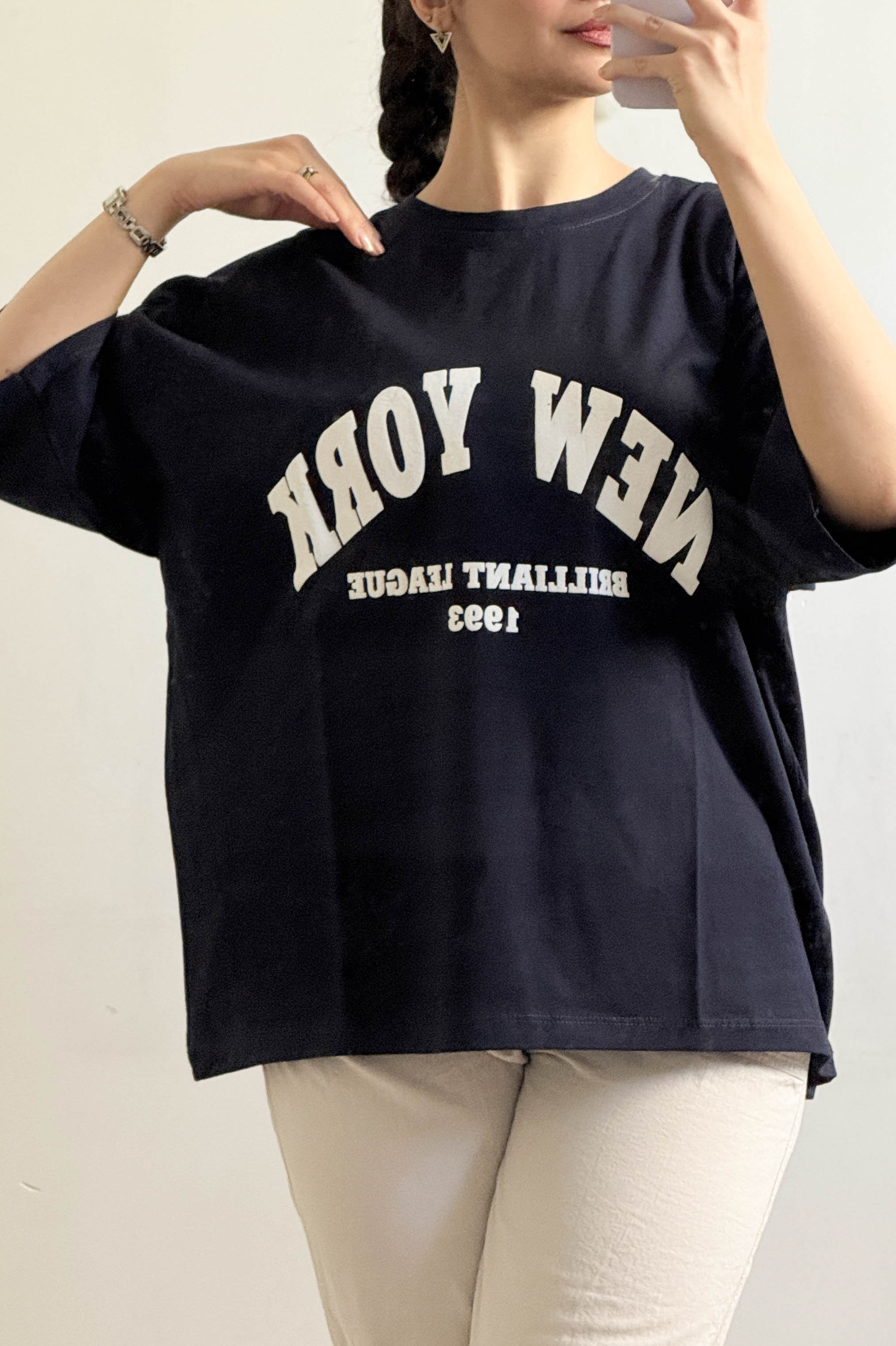 تیشرت نخ پنبه زنانه نیویورک مدل باکسی