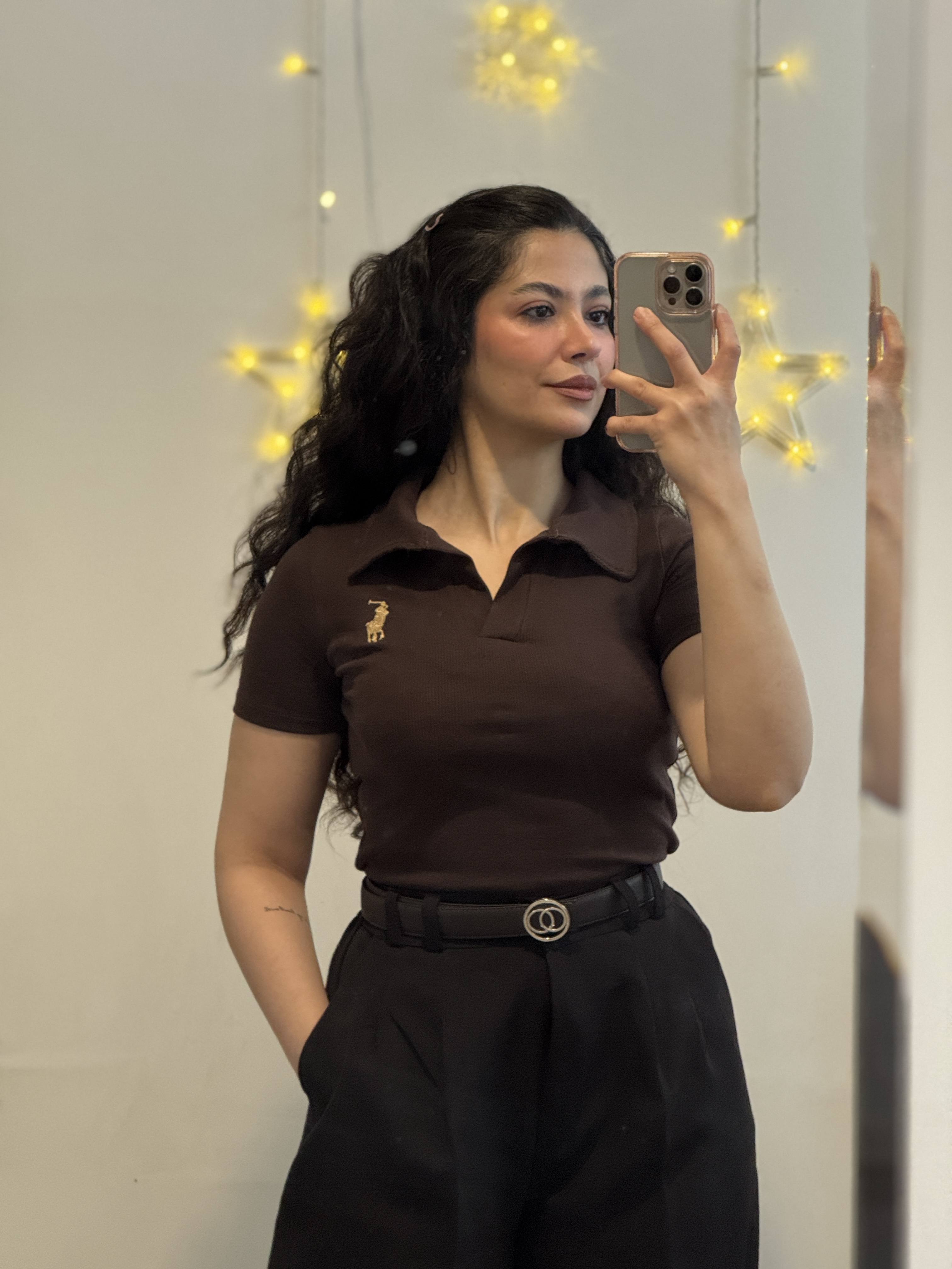 تیشرت زنانه  کشبافت یقه شکاری با گلدوزی پولو